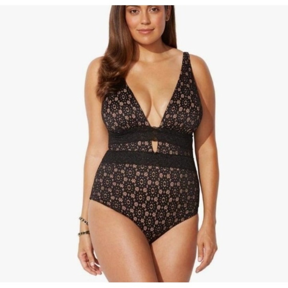 Swimsuits for All Black Lace Plunge One Piece Swimsuit Size 22 NWOT